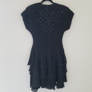 Samantha Black Lace Dress with Ruffles & Padded Shoulders Size 10